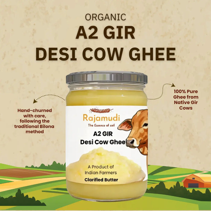 Rajamudi A2 Gir Cow Ghee 500ml | Pure Desi Ghee Made Using Traditional Bilona Method | Rich in Nutrition & Natural Goodness | Made from our Local Chittor Farm's Gir Cows