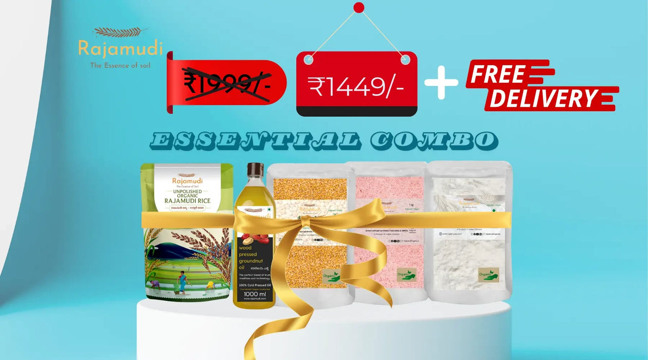 Essential Combo - (Pack of 5) | Rajamudi Rice (Semi-Polished ) 5KG +  Groundnut Oil (1000ML) + Himalayan Pink Salt (1 KG) + Organic Sharbati Wheat flour (1 KG) + Organic Toor Dal (1kg)
