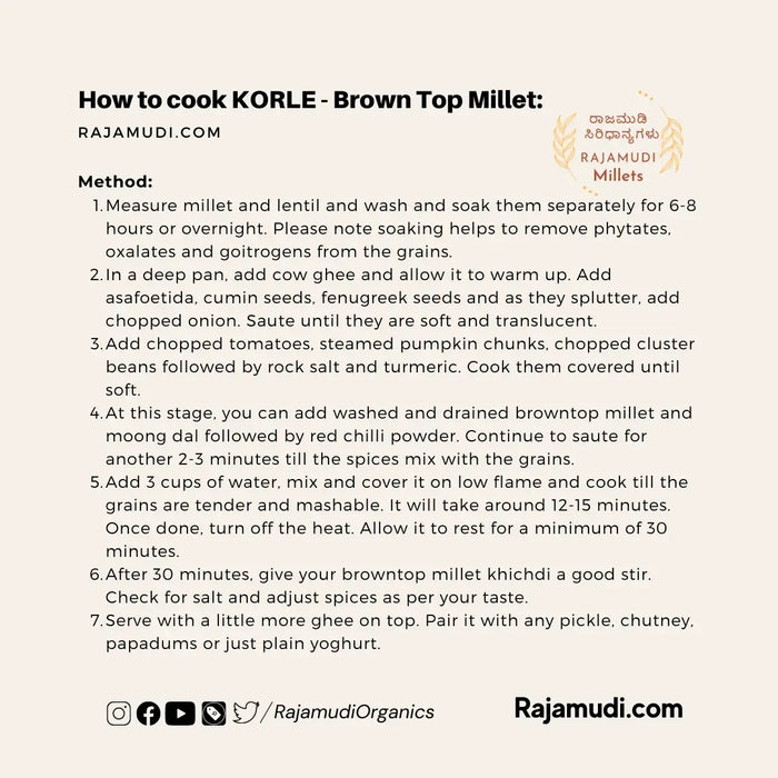 Organic Brown Top Millet ( KORALE ) - Rajamudi organic Millets | Rajamudi